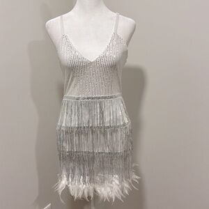 SHEIN white sequin fringe dress with feathers—bachelorette